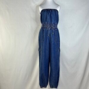 Indulge In Style Women Large Strapless Denim Jumpsuit‎ Blue Cargo Boho Y2K NWT